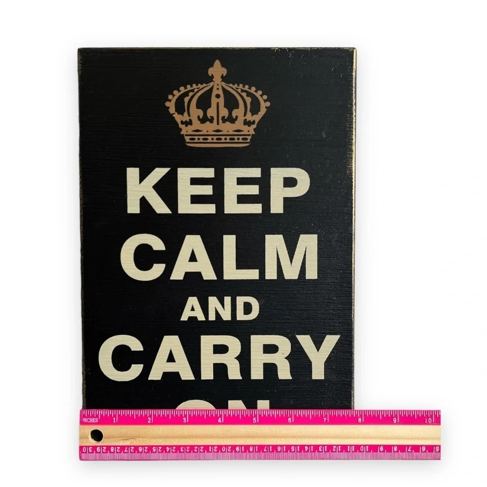 Black Wood Sign Keep Calm And Carry On Gold‎ Crown Office Decor Shabby Chic